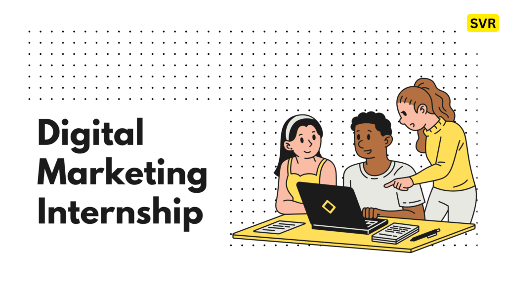 Illustration of enthusiastic students working together, representing a Digital Marketing Internship. The image includes the SVR logo, highlighting a remote internship opportunity for hands-on experience in digital marketing skills.